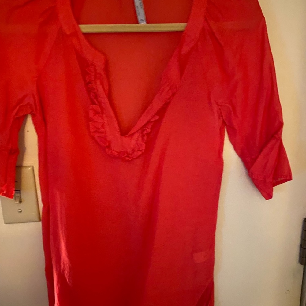 Coral-Red Ruffled V-Neck Blouse